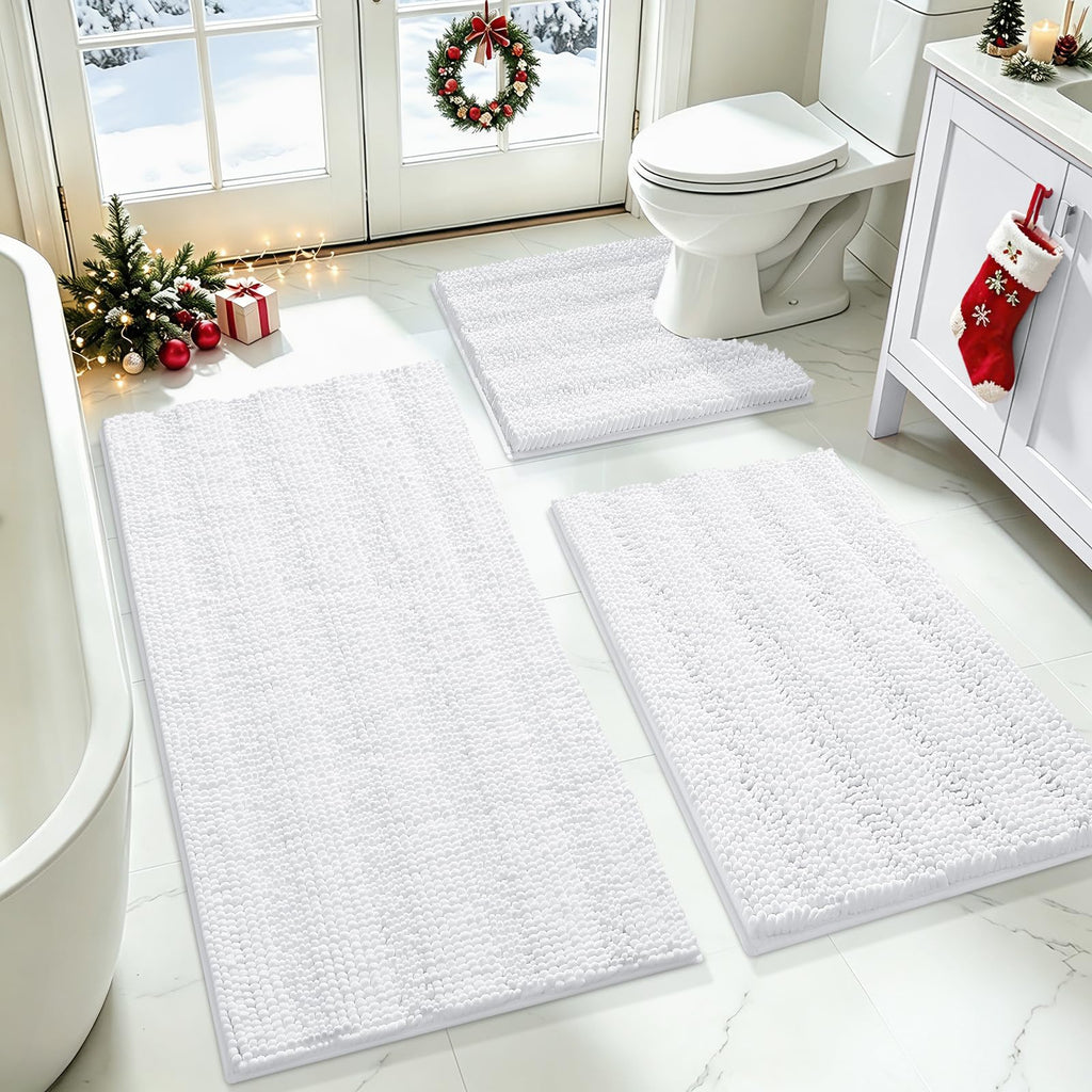 ACCUMTEK Striped Navy Blue Bathroom Rug Set 3 Pieces Ultra Soft, Non Slip Chenille Toilet Mat, Absorbent Plush Shaggy Bath Mats for Bathroom, Bedroom, Kitchen