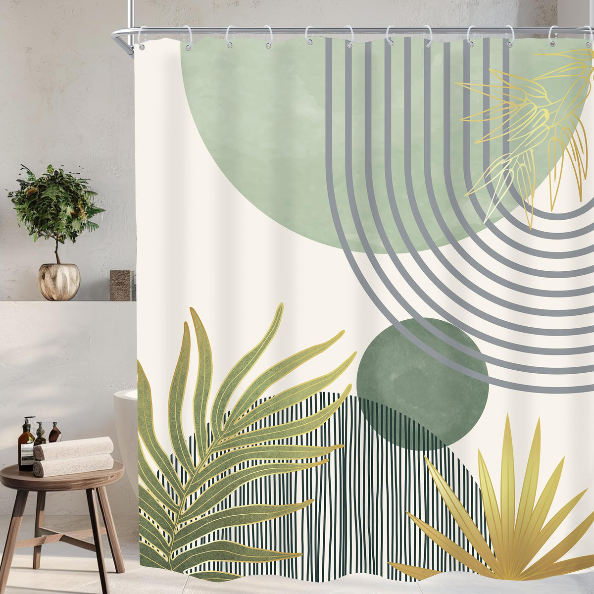 Mid Century Green Orange Boho Abstract Modern Bathroom Shower Curtain Set