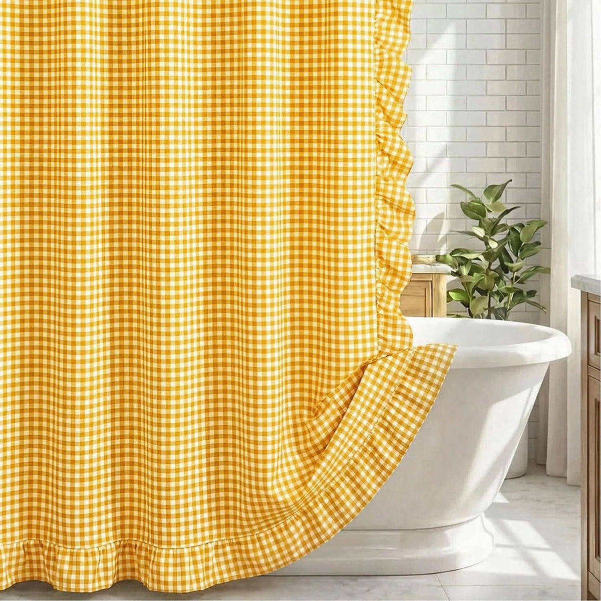HunnmingRe Ruffled Gingham Shower Curtain Red