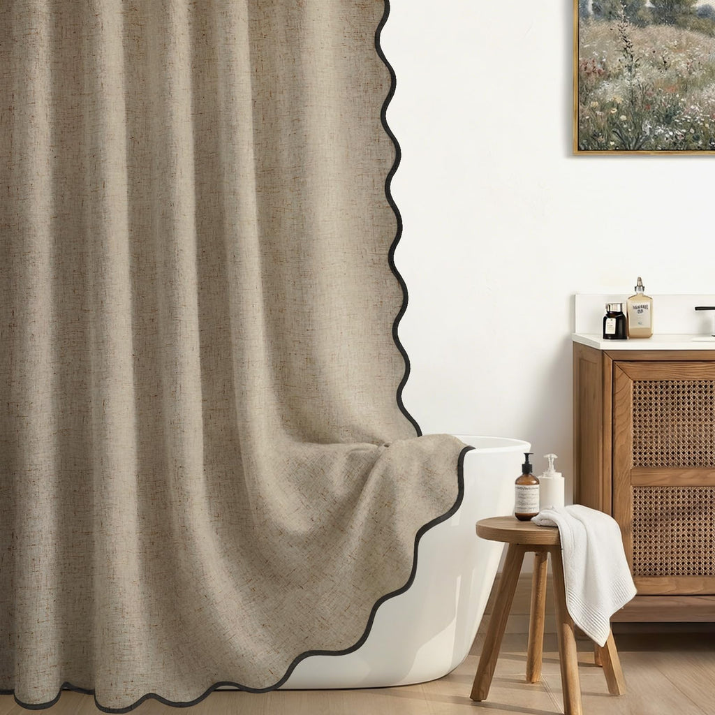 Scalloped Shower Curtain Linen Boho Beige 72" W x 72" L