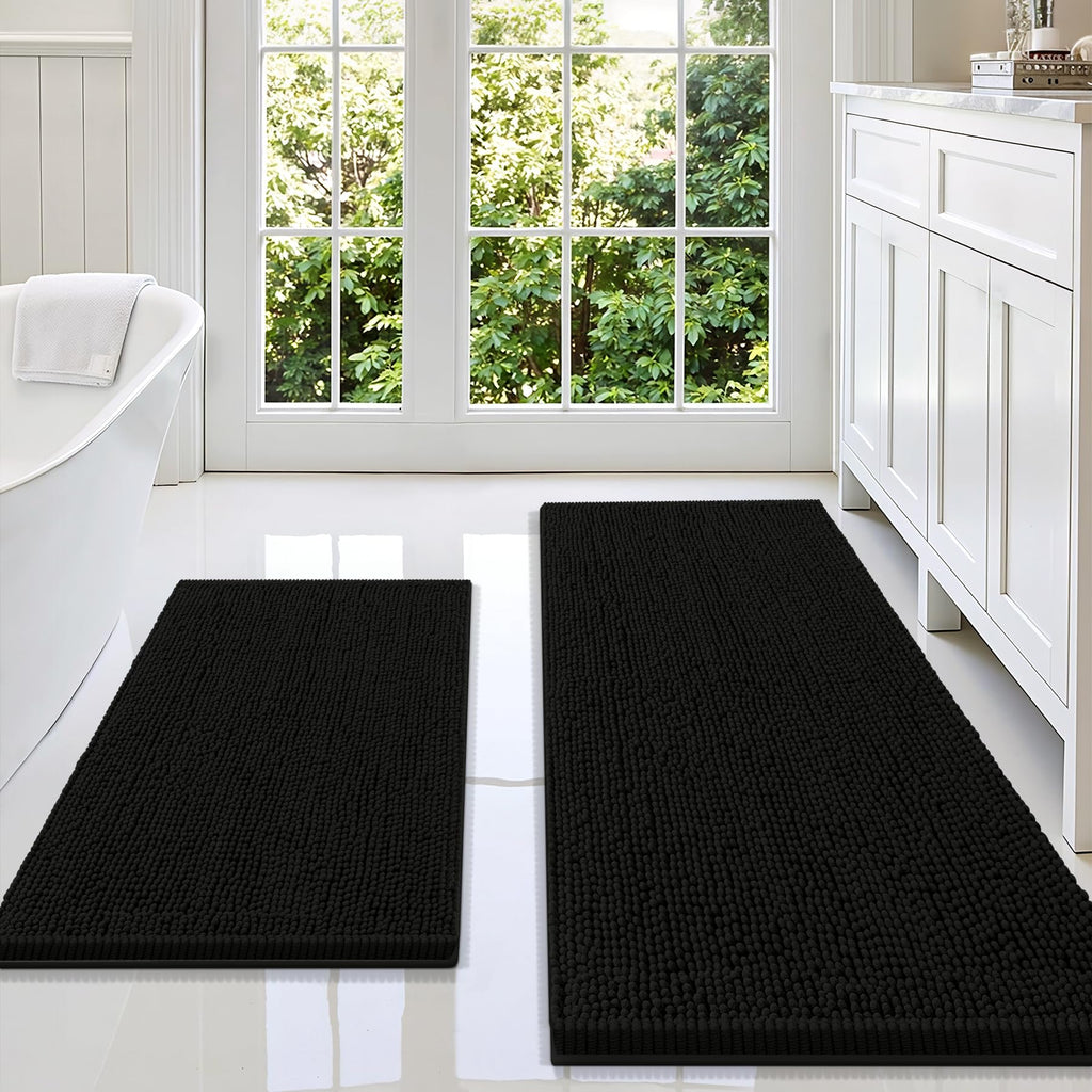 Smiry Chenille Bathroom Rugs Sets 2 Piece (30x20+24x16, Black)
