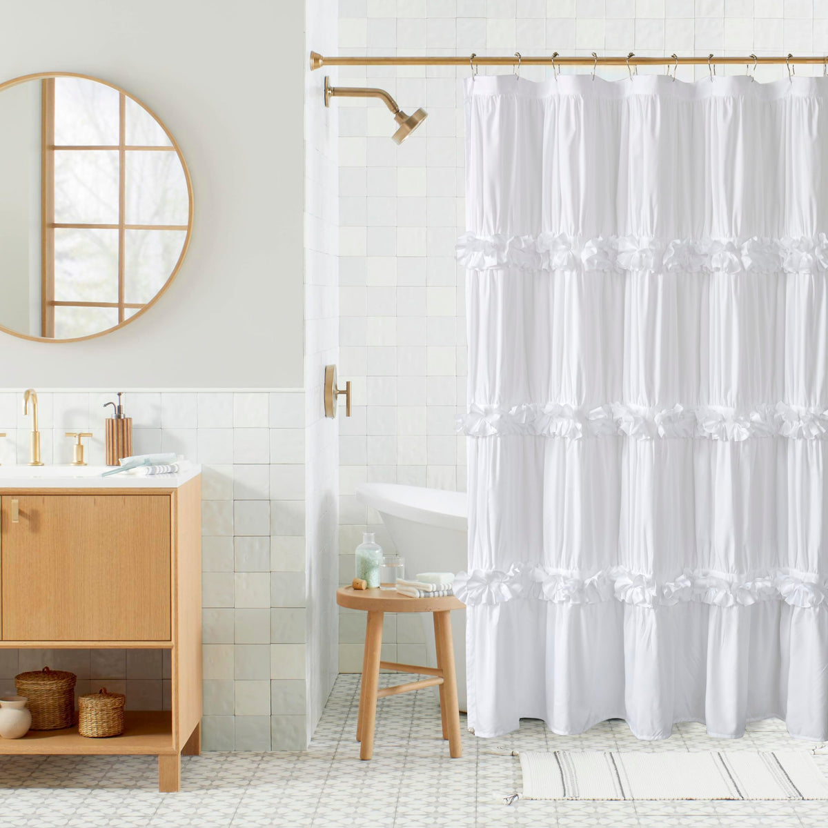 Homechoice Decor Victorian White Ruffle Shower Curtain with 12 Buttonholes