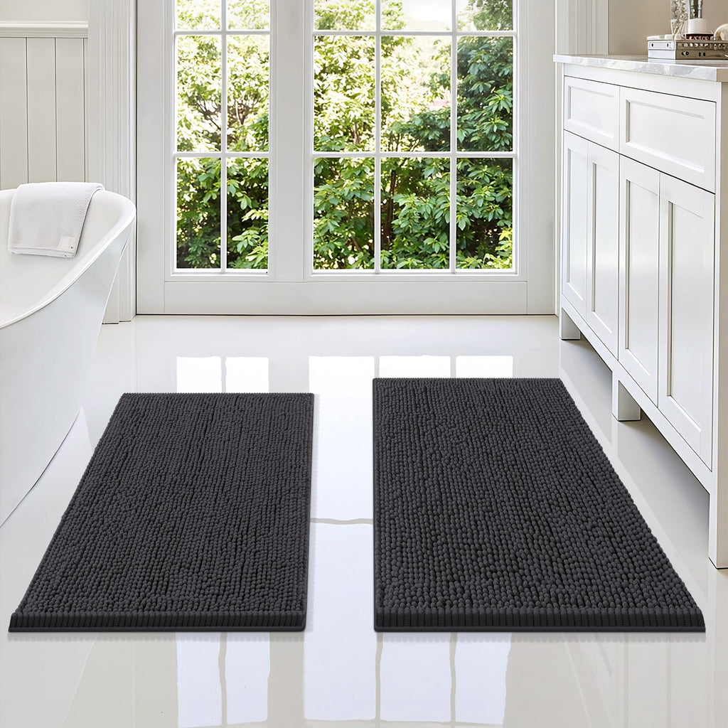Smiry Chenille Bathroom Rugs Sets 2 Piece (30x20+24x16, Black)