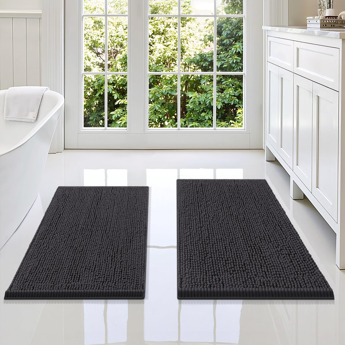 Smiry Chenille Bathroom Rugs Sets 2 Piece (30x20+24x16, Black)