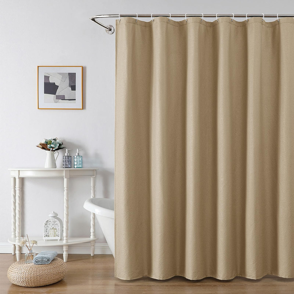 OWENIE White Shower Curtain for Bathroom 84 Inches Extra Long, Elegant 3D Embossed Textured Cloth Waffle Shower Curtain, Modern Luxury Hotel Style, Water Repellent, Machine Washable, 72X84, White