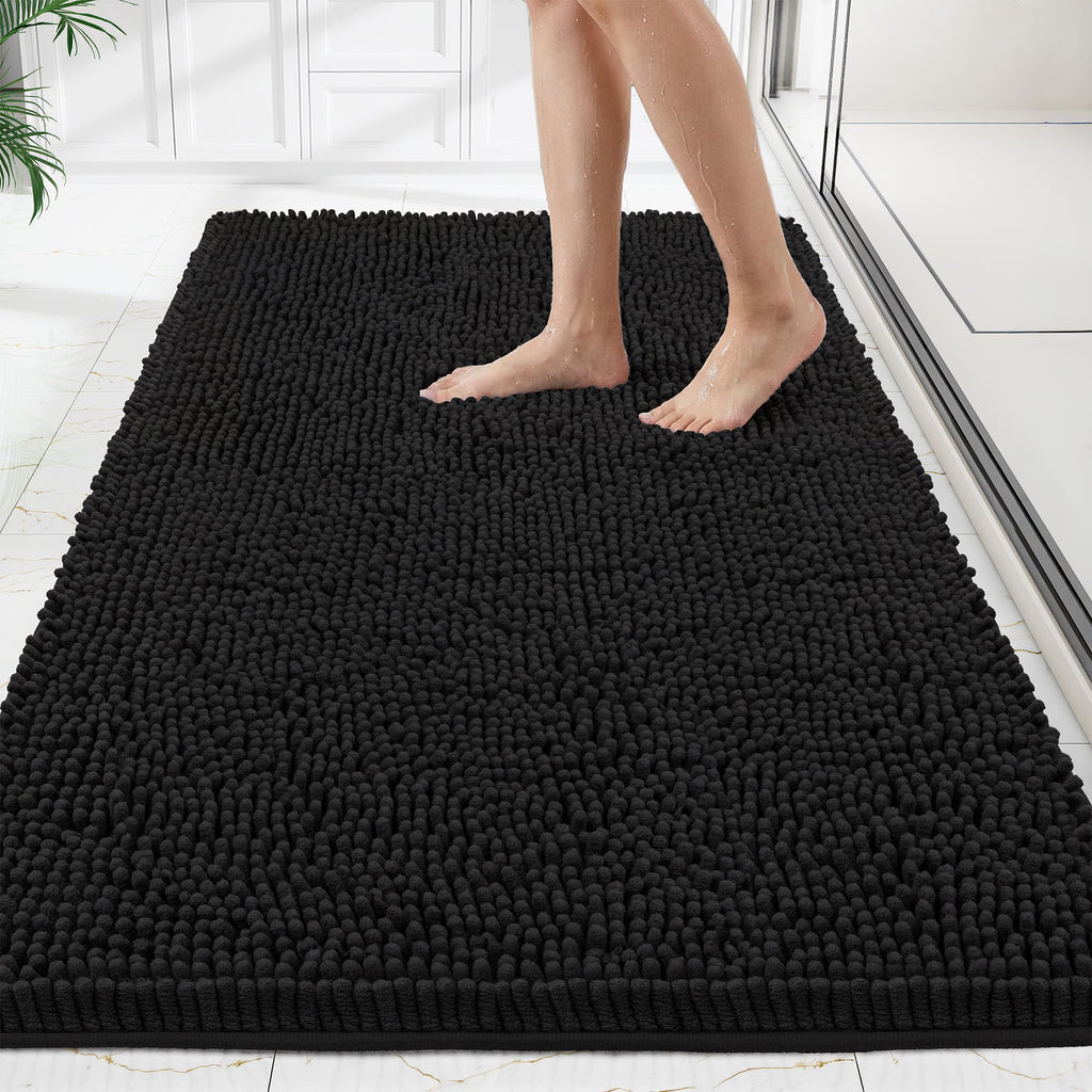 Bathroom Rugs Mat 72 x 48, Thick Soft Absorbent Chenille Bath Rugs, Rubber Backing Bath Mats for Bathroom Floor, Tub, Shower, Bedroom, Home Decor Accessories, Quick Dry Machine Washable, Black