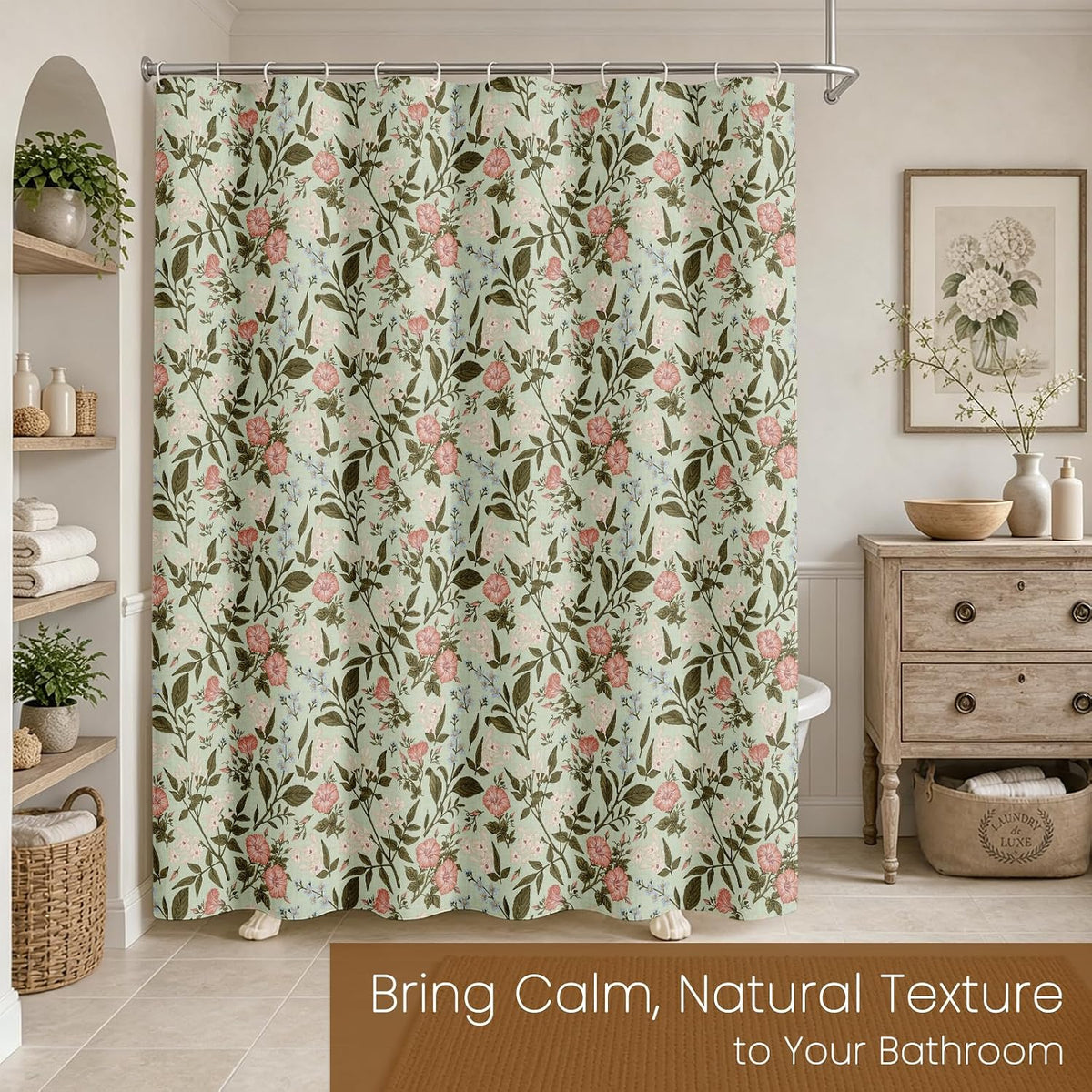 MAMUSE Linen Shower Curtain for Bathroom - Cute Aesthetic Decorative Modern Girly Unique Girls Design Farmhouse Women Waterproof Cortinas de Baño Bathtub 72 x 72 Inch, Sage Flower