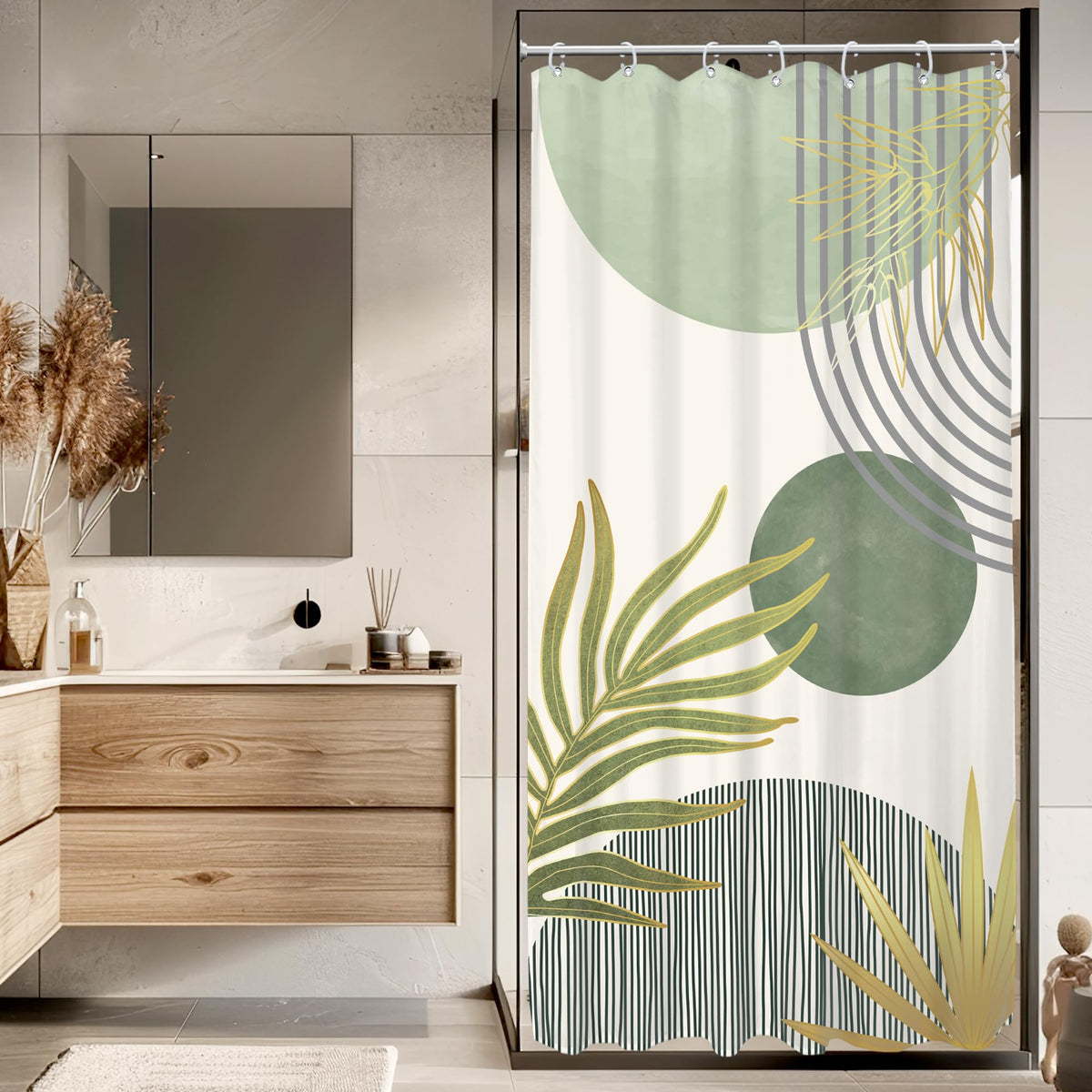 Mid Century Green Orange Boho Abstract Modern Bathroom Shower Curtain Set