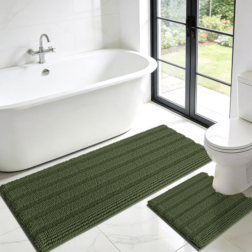 ACCUMTEK Striped Navy Blue Bathroom Rug Set 3 Pieces Ultra Soft, Non Slip Chenille Toilet Mat, Absorbent Plush Shaggy Bath Mats for Bathroom, Bedroom, Kitchen