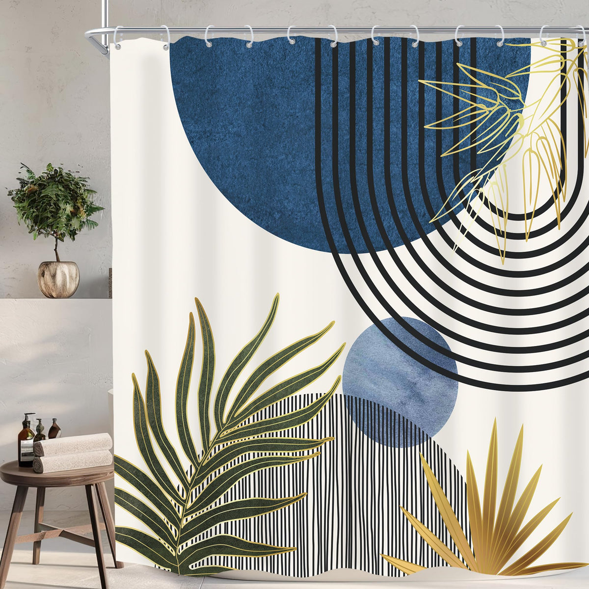 Mid Century Green Orange Boho Abstract Modern Bathroom Shower Curtain Set