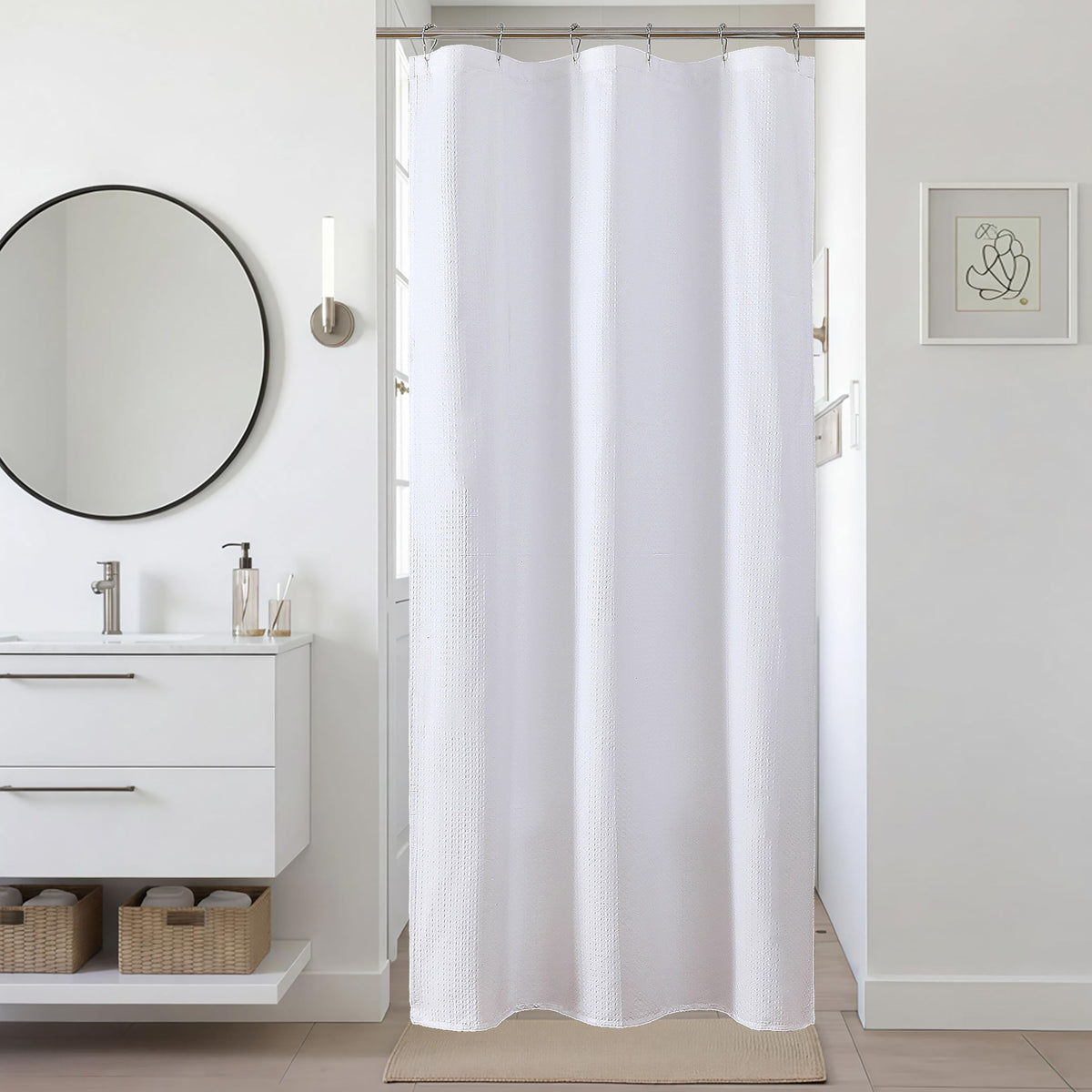 Navy Blue Shower Curtain 72 Inch Length 1 Piece, Waffle Embossed Textured Soft Fabric Hotel Shower Curtain for Bathroom, Modern Polyester Water Repellent Cloth Bath Decor, 72Wx72L Inches