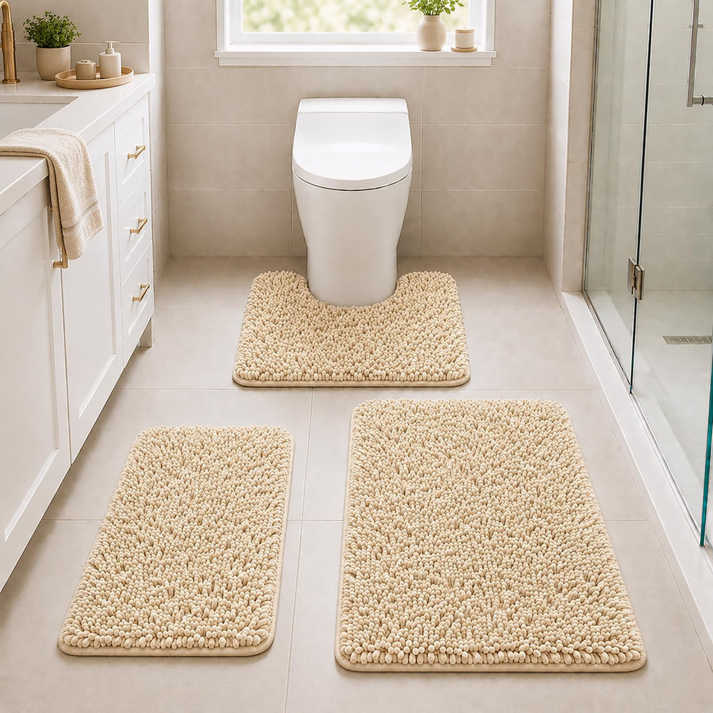 Bathroom Rugs Set Non Slip 3 Piece Bath Mat Washable Chenille Bath Rugs with PVC Backing Bath Carpet,Absorbent Bathroom Mats with Toilet Rug,Bath Mats for Bathroom,Bedroom, Kitchen,Tub,Home Decor