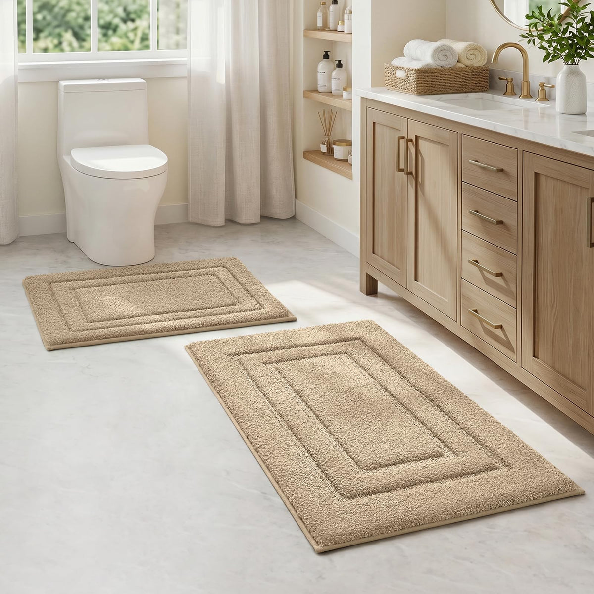 HOMEIDEAS Bathroom Rugs Sets 2 Piece, Super Soft and Absorbent Non Slip Microfiber Machine Washable Bath Mat Set (20" x 32" + 16" x 24", Brown)