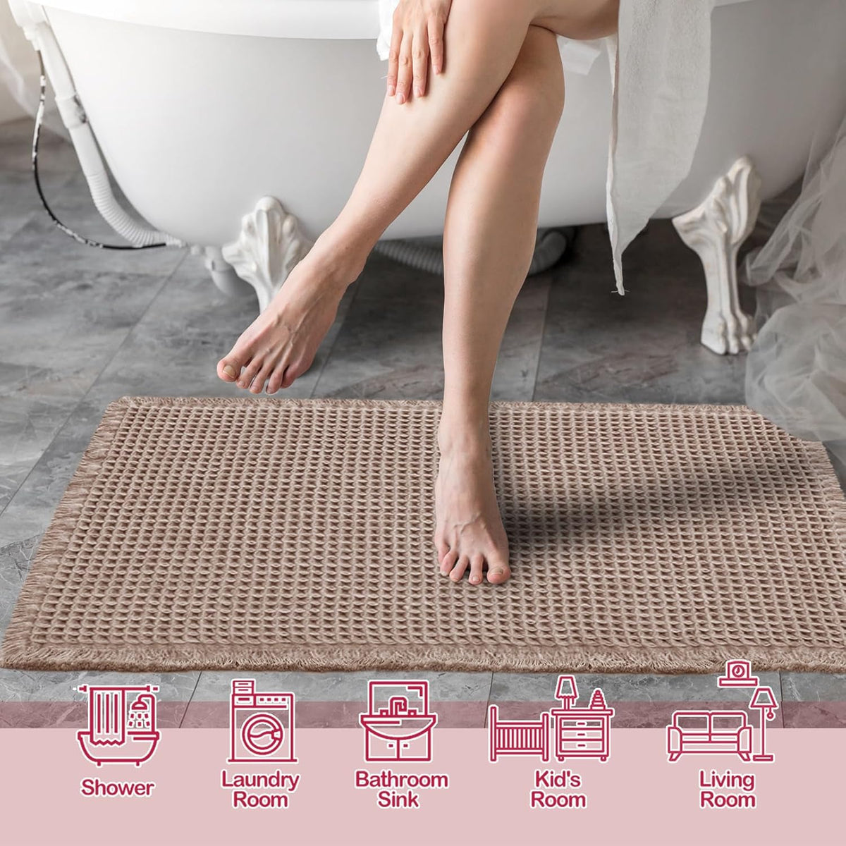 ZALL Waffle Bath Mat Boho Bathroom Mat Ultra Absorbent Non Slip 18x30 Tan