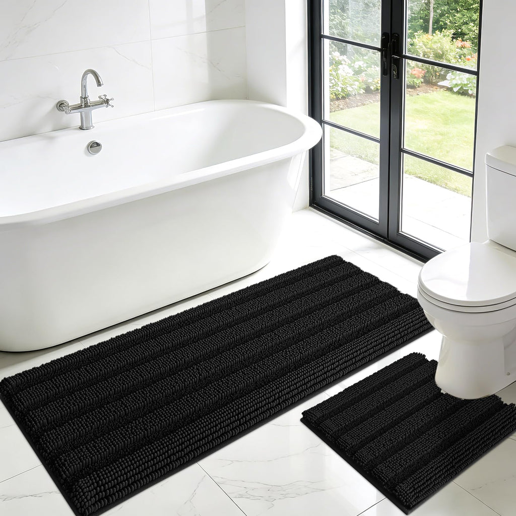 ACCUMTEK Striped Navy Blue Bathroom Rug Set 3 Pieces Ultra Soft, Non Slip Chenille Toilet Mat, Absorbent Plush Shaggy Bath Mats for Bathroom, Bedroom, Kitchen