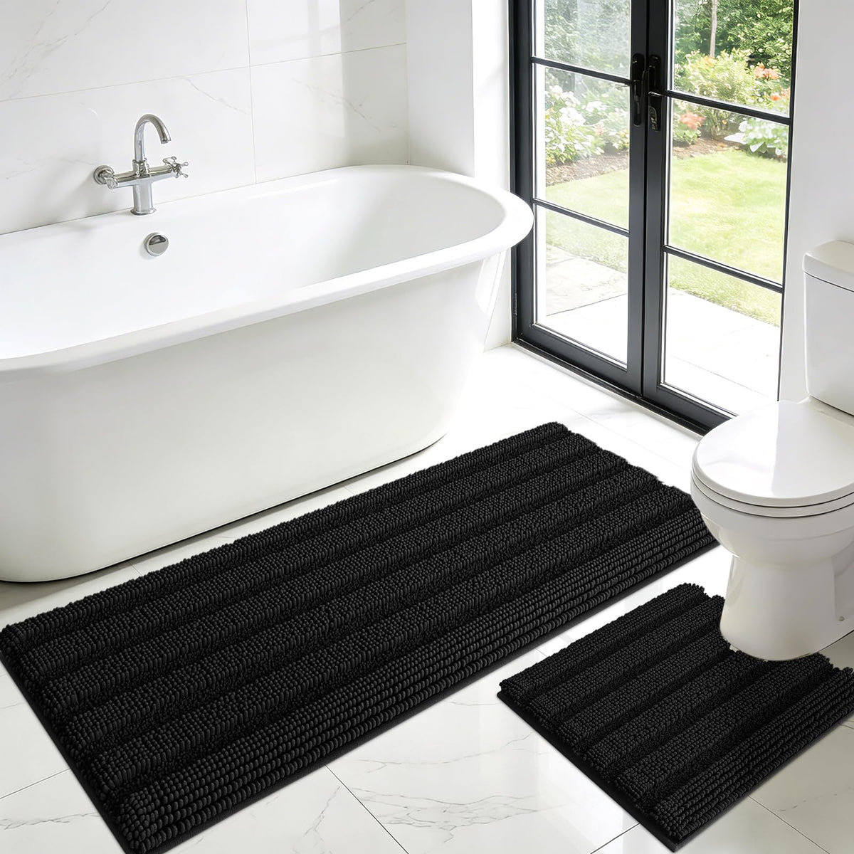 ACCUMTEK Striped Navy Blue Bathroom Rug Set 3 Pieces Ultra Soft, Non Slip Chenille Toilet Mat, Absorbent Plush Shaggy Bath Mats for Bathroom, Bedroom, Kitchen