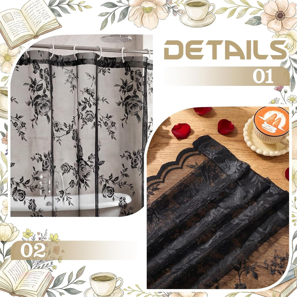 Irenare Black Lace Shower Curtain Victorian Floral Decor 72 x 72 Inch