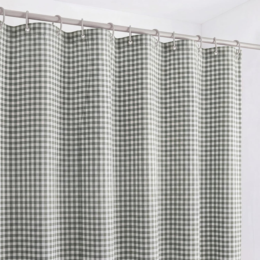 HunnmingRe Ruffle Hem Gingham Shower Curtain Sage Green