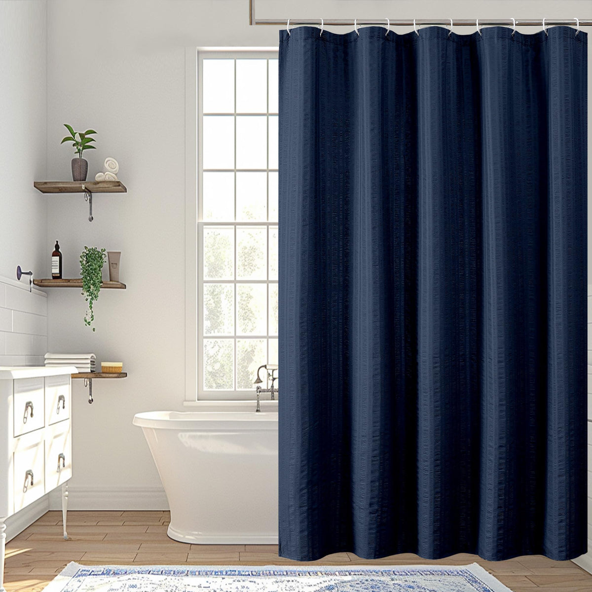 Aiyufeng Moga Navy Blue Fabric Shower Curtains for Bathroom - Blue Hotel Spa Polyester Cloth Bath Curtain with 12 Holes, 72x72, Machine Washable, Navy Blue