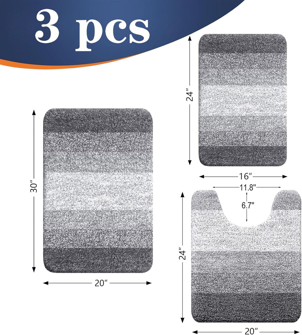 OLANLY Microfiber Bathroom Rugs Sets 3 Piece, Absorbent Bath Mats, Grey