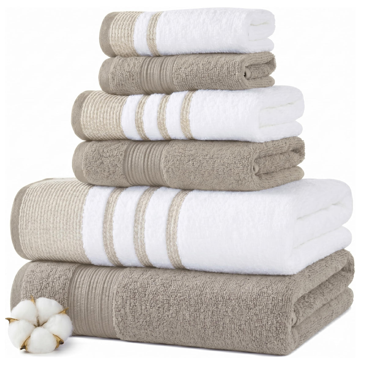 Modern Threads 6 Piece Bath Towel Set – Bathroom Towel Set with 2 Bath Towels, 2 Hand Towels & 2 Washcloths – 100% Cotton, Soft & Absorbent – Classic Border Stripe (Green)