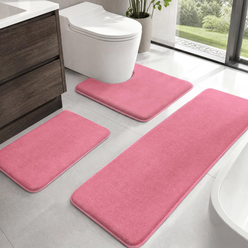 HUXMEYSON Bathroom Rugs Sets 3 Piece, Non-Slip & Quick Dry Bath Mat Set, Ultra Soft Velvet Bath Rugs for Bathroom, Toilet and Shower Floor, Grey