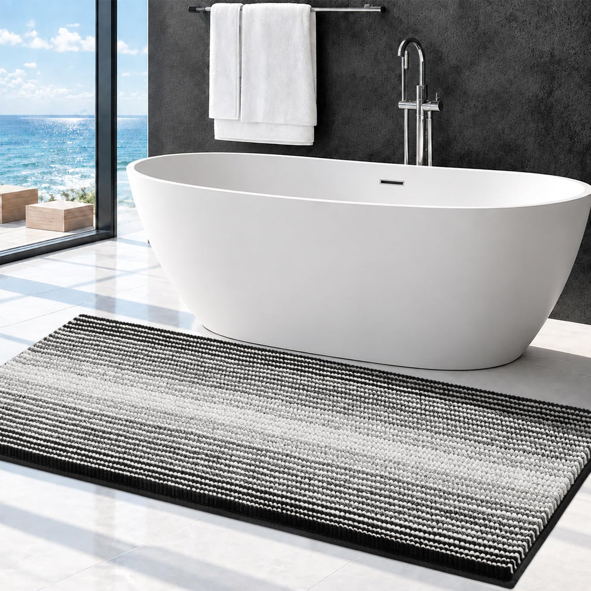 BSICPRO Bathroom Rugs Sets 2 Piece, Non Slip Striped Bath Mats, Fog Blue