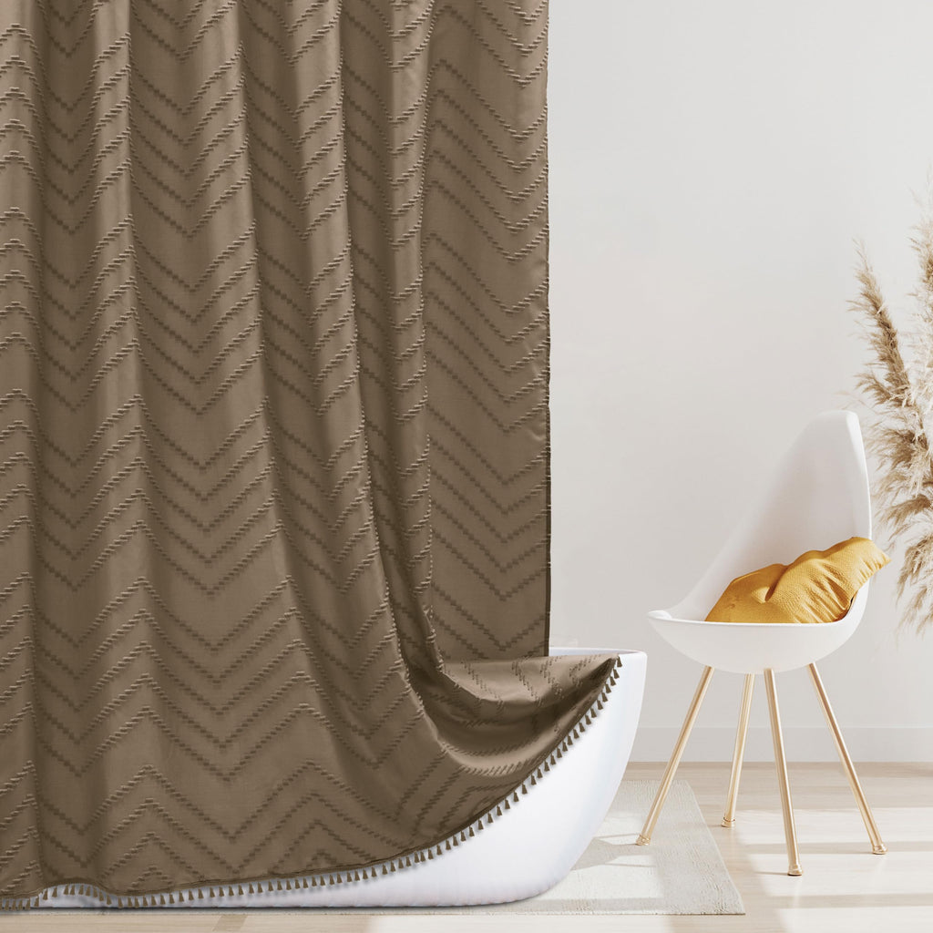 Siiluminisoy Boho Shower Curtain with Tassel Woven Fabric Olive Green Shower Curtain 72 x 72 Modern Farmhouse Textured Tufted Chevron Striped Minimalist Bathroom Shower Curtains