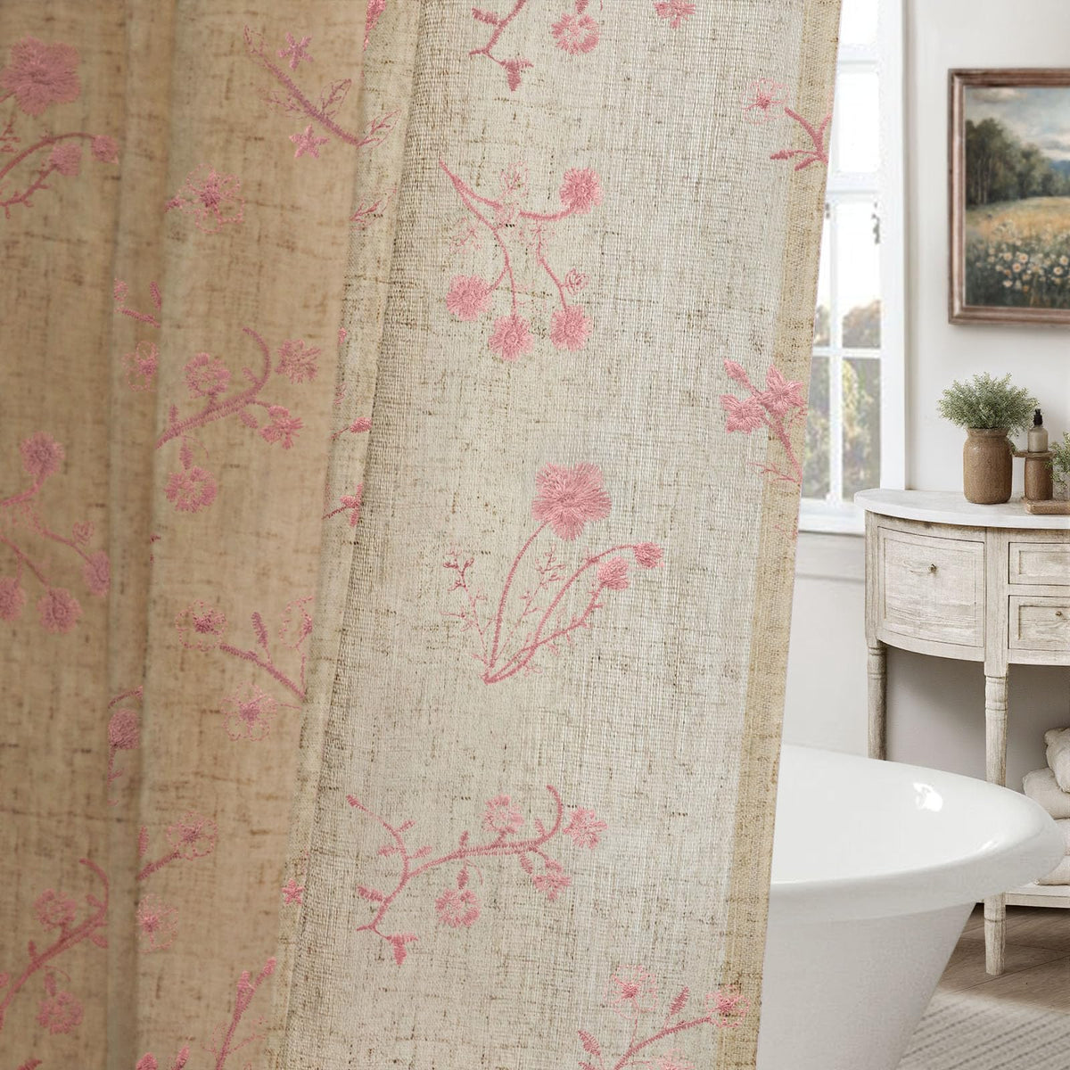 Floral Farmhouse Vintage Linen Shower Curtain French Country Decor 72Wx72H