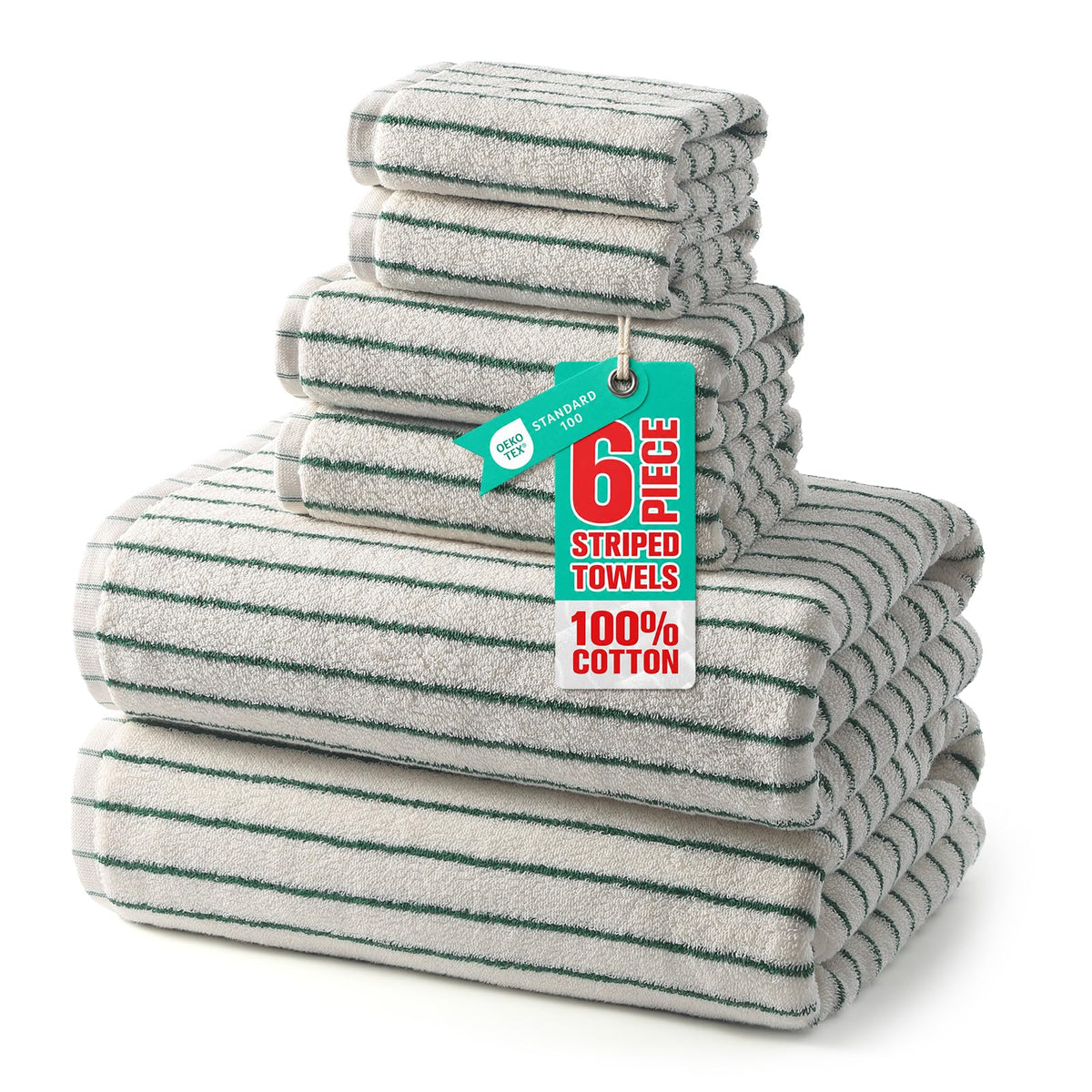 ecolook Premium Bath Towel Set of 6 Pieces – 100% Cotton, Super Absorbent & Quick Dry, Striped Towels for Bathroom, Spa & Swim – 2 Bath, 2 Hand, 2 Washcloths, Olive Green