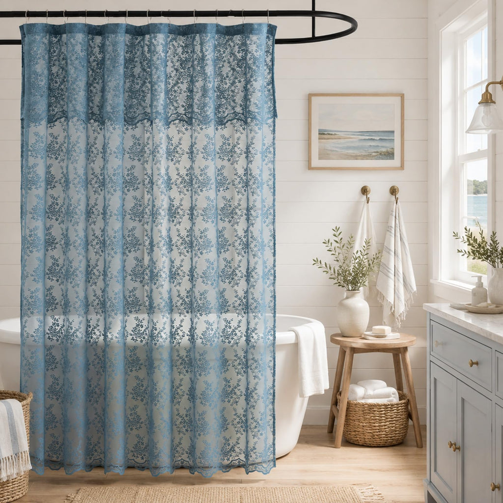TUDECO White Lace Shower Curtain with Attached Valance 72 x 72 Inch