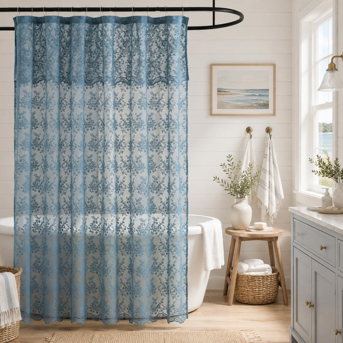TUDECO White Lace Shower Curtain with Attached Valance 72 x 72 Inch