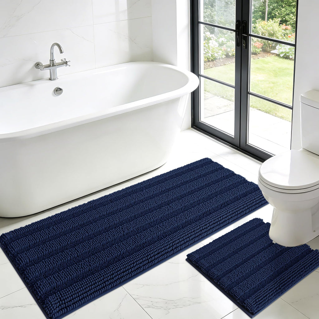 ACCUMTEK Striped Navy Blue Bathroom Rug Set 3 Pieces Ultra Soft, Non Slip Chenille Toilet Mat, Absorbent Plush Shaggy Bath Mats for Bathroom, Bedroom, Kitchen