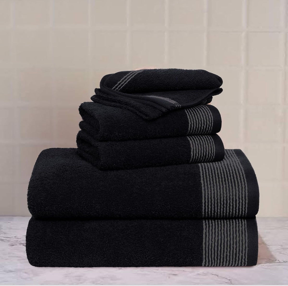 Belizzi Home 100% Cotton Ultra Soft 6 Pack Towel Set, Contains 2 Bath Towels 28x55 inchs, 2 Hand Towels 16x24 inchs & 2 Washcloths 12x12 inchs, Compact Lightweight & Highly Absorbant - Black