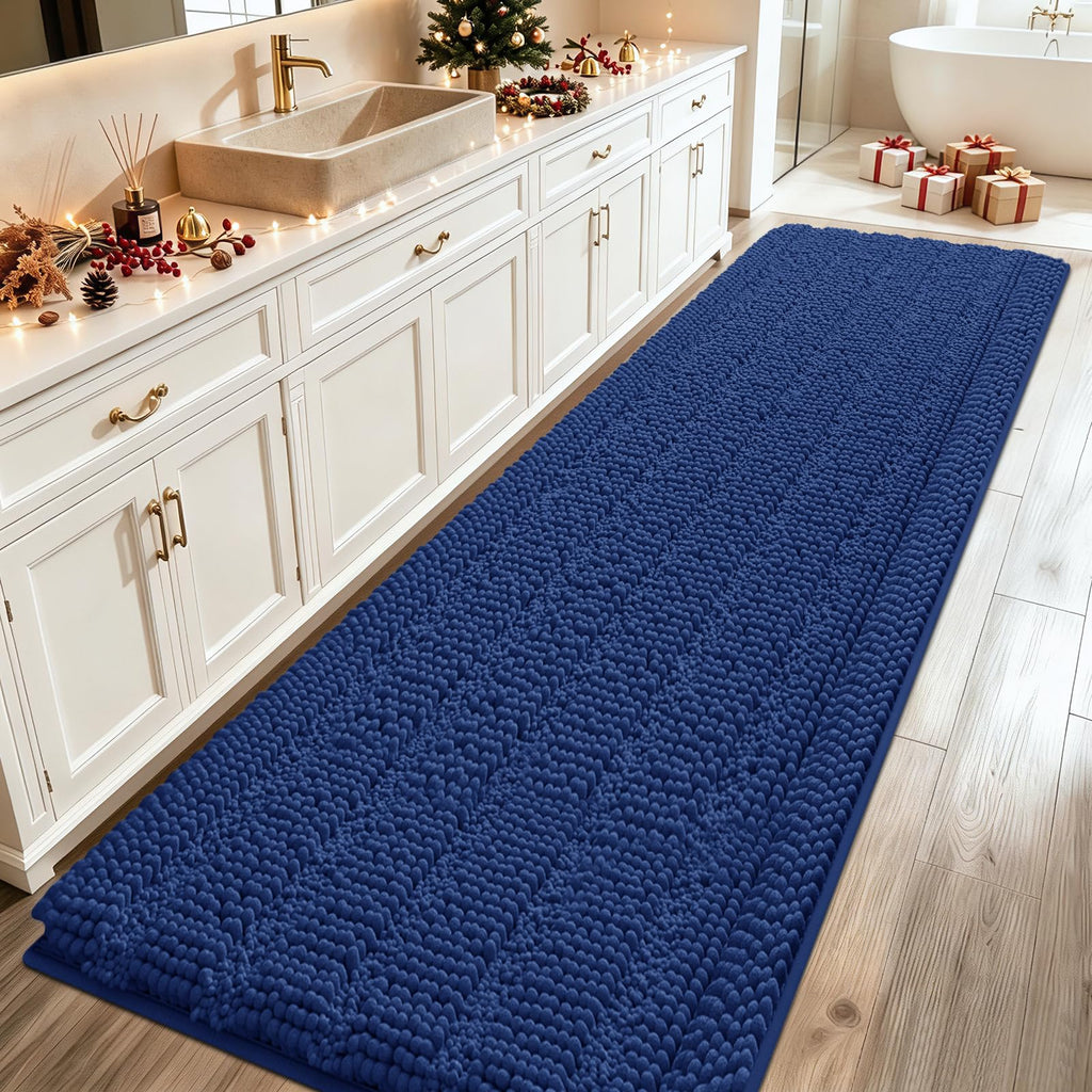 ACCUMTEK Striped Navy Blue Bathroom Rug Set 3 Pieces Ultra Soft, Non Slip Chenille Toilet Mat, Absorbent Plush Shaggy Bath Mats for Bathroom, Bedroom, Kitchen