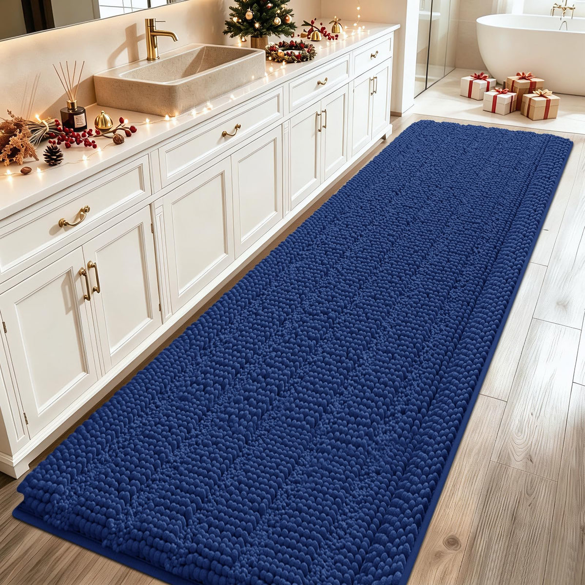 ACCUMTEK Striped Navy Blue Bathroom Rug Set 3 Pieces Ultra Soft, Non Slip Chenille Toilet Mat, Absorbent Plush Shaggy Bath Mats for Bathroom, Bedroom, Kitchen