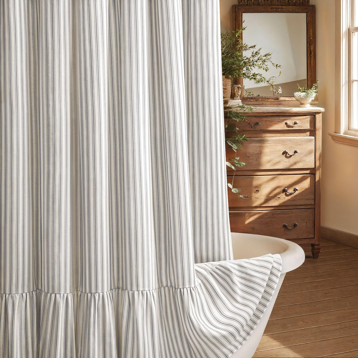 Farmhouse Shower Curtain Ruffle Linen Cream-Beige Stripe 72"W x 72"L