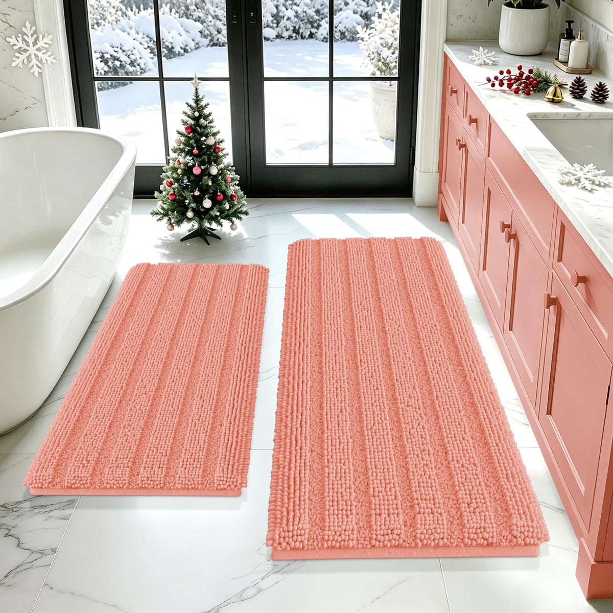 ACCUMTEK Striped Navy Blue Bathroom Rug Set 3 Pieces Ultra Soft, Non Slip Chenille Toilet Mat, Absorbent Plush Shaggy Bath Mats for Bathroom, Bedroom, Kitchen