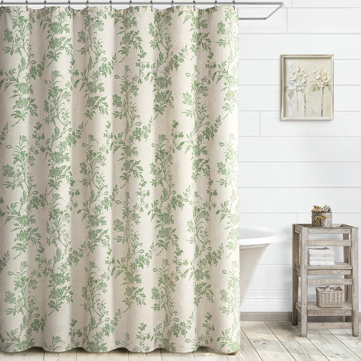 Sage Green Floral Shower Curtain,Vintage Cotton Cottagecore Shower Curtains for Bathroom, 72" W x 72" L