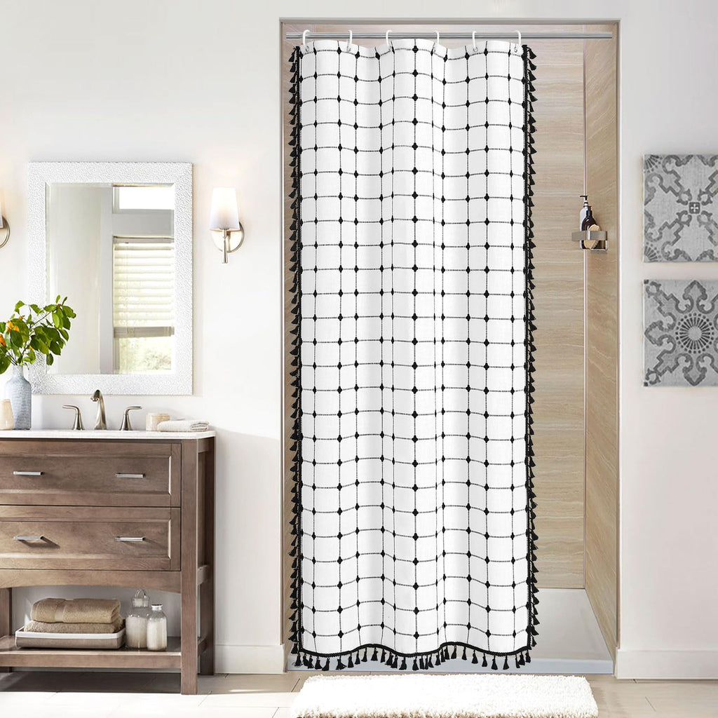 Boho Farmhouse Classic Plaid Linen Tassel Shower Curtain Blue,72x72