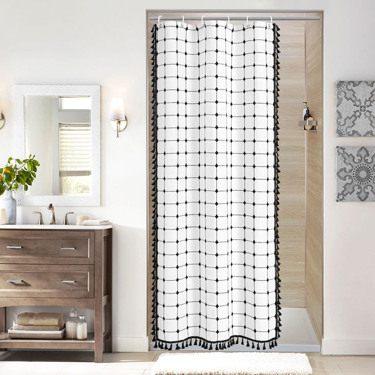 Boho Farmhouse Classic Plaid Linen Tassel Shower Curtain Blue,72x72