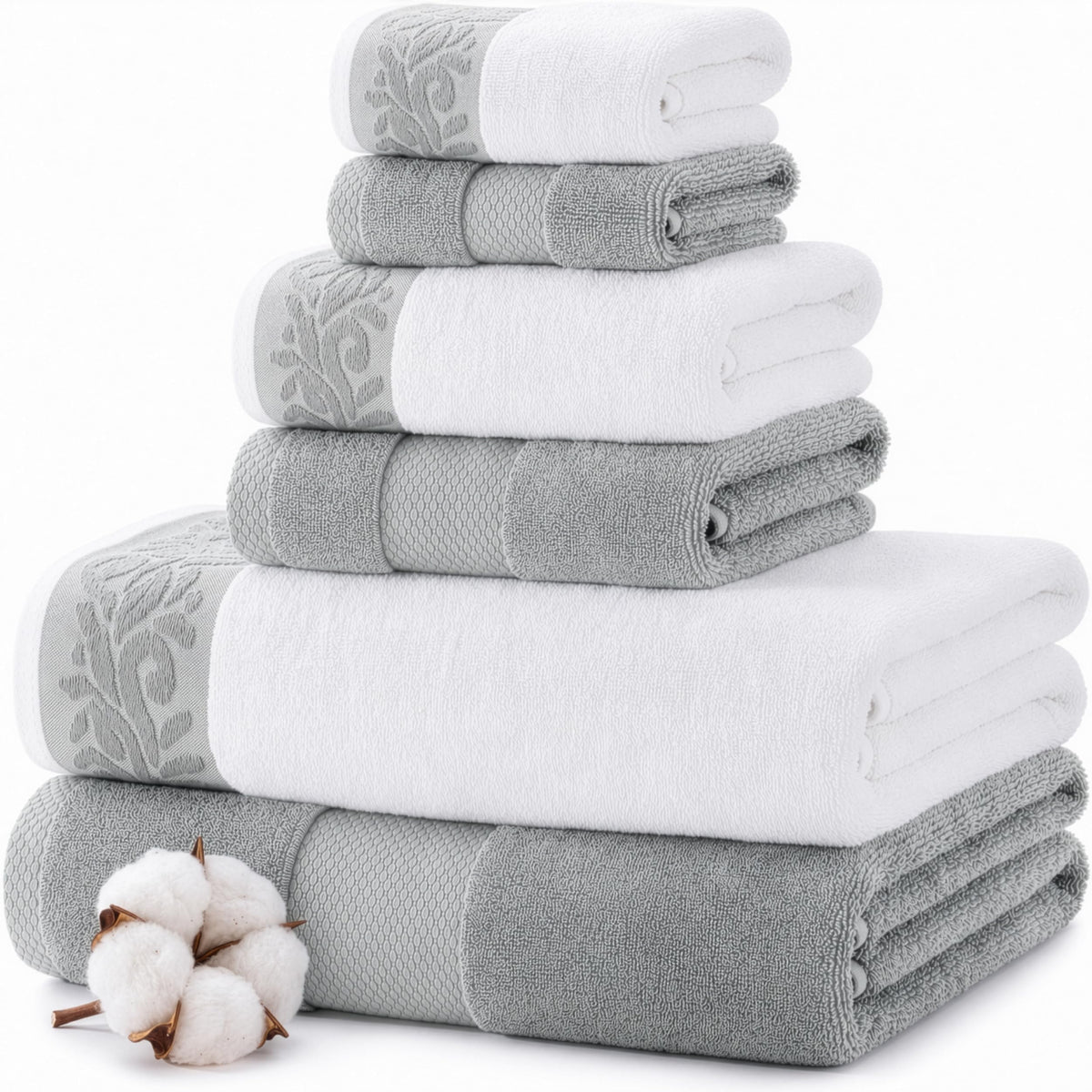 Modern Threads 6 Piece Bath Towel Set – Bathroom Towel Set with 2 Bath Towels, 2 Hand Towels & 2 Washcloths – 100% Cotton, Soft & Absorbent – Classic Border Stripe (Green)