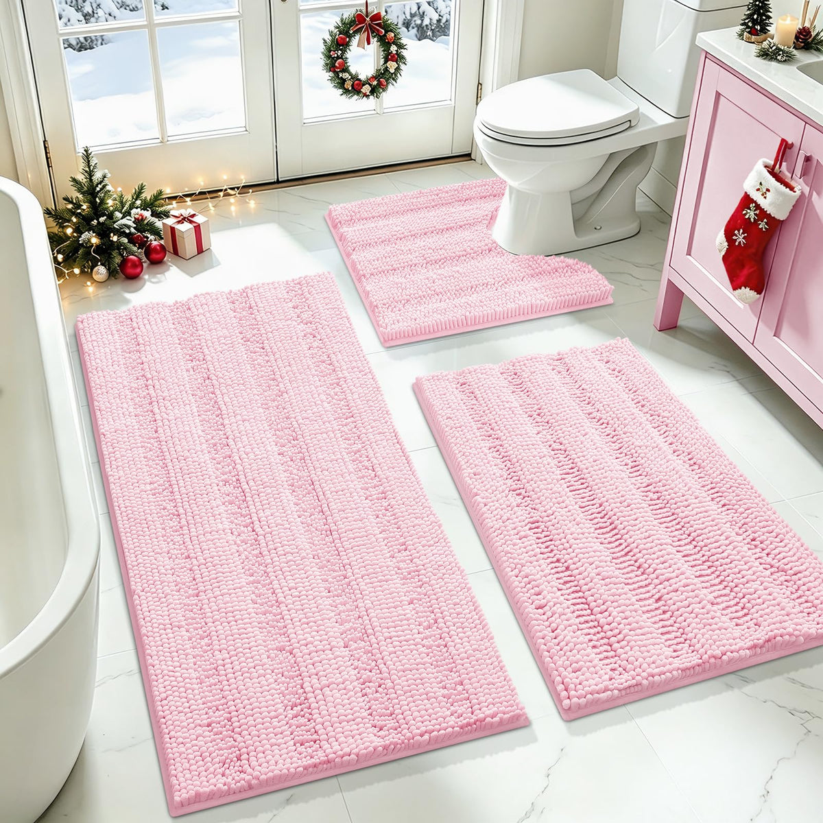 ACCUMTEK Striped Navy Blue Bathroom Rug Set 3 Pieces Ultra Soft, Non Slip Chenille Toilet Mat, Absorbent Plush Shaggy Bath Mats for Bathroom, Bedroom, Kitchen