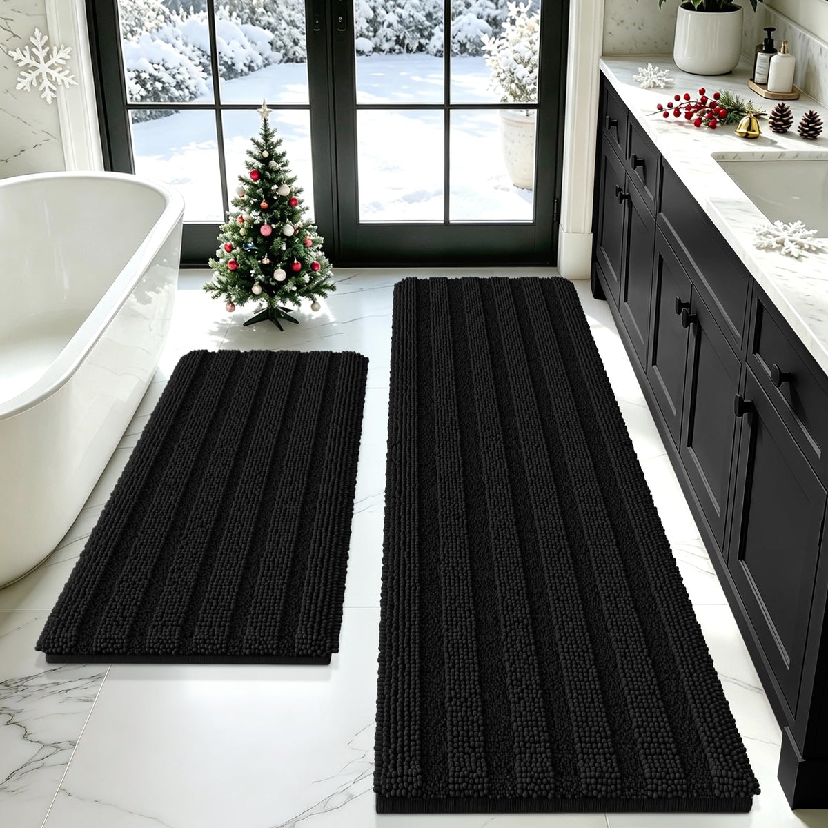 ACCUMTEK Striped Navy Blue Bathroom Rug Set 3 Pieces Ultra Soft, Non Slip Chenille Toilet Mat, Absorbent Plush Shaggy Bath Mats for Bathroom, Bedroom, Kitchen