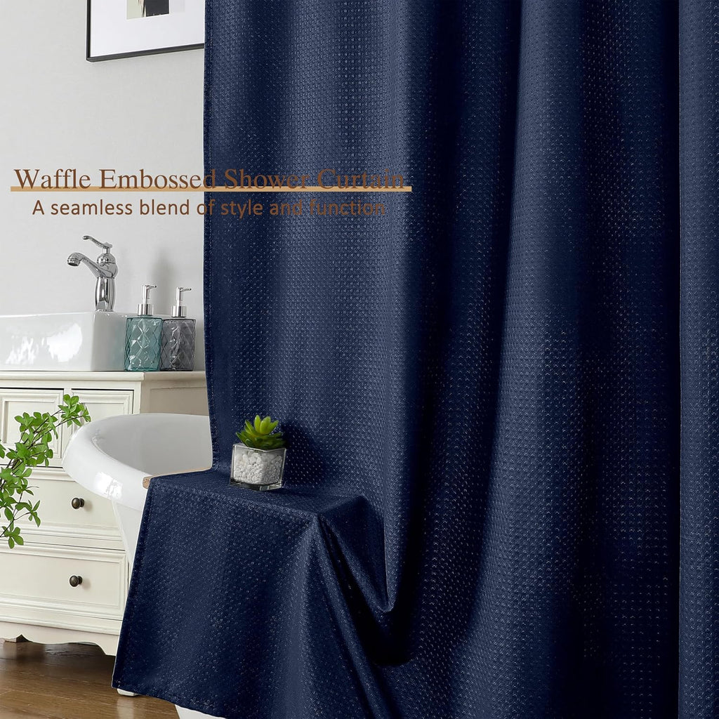 Navy Blue Shower Curtain 72 Inch Length 1 Piece, Waffle Embossed Textured Soft Fabric Hotel Shower Curtain for Bathroom, Modern Polyester Water Repellent Cloth Bath Decor, 72Wx72L Inches