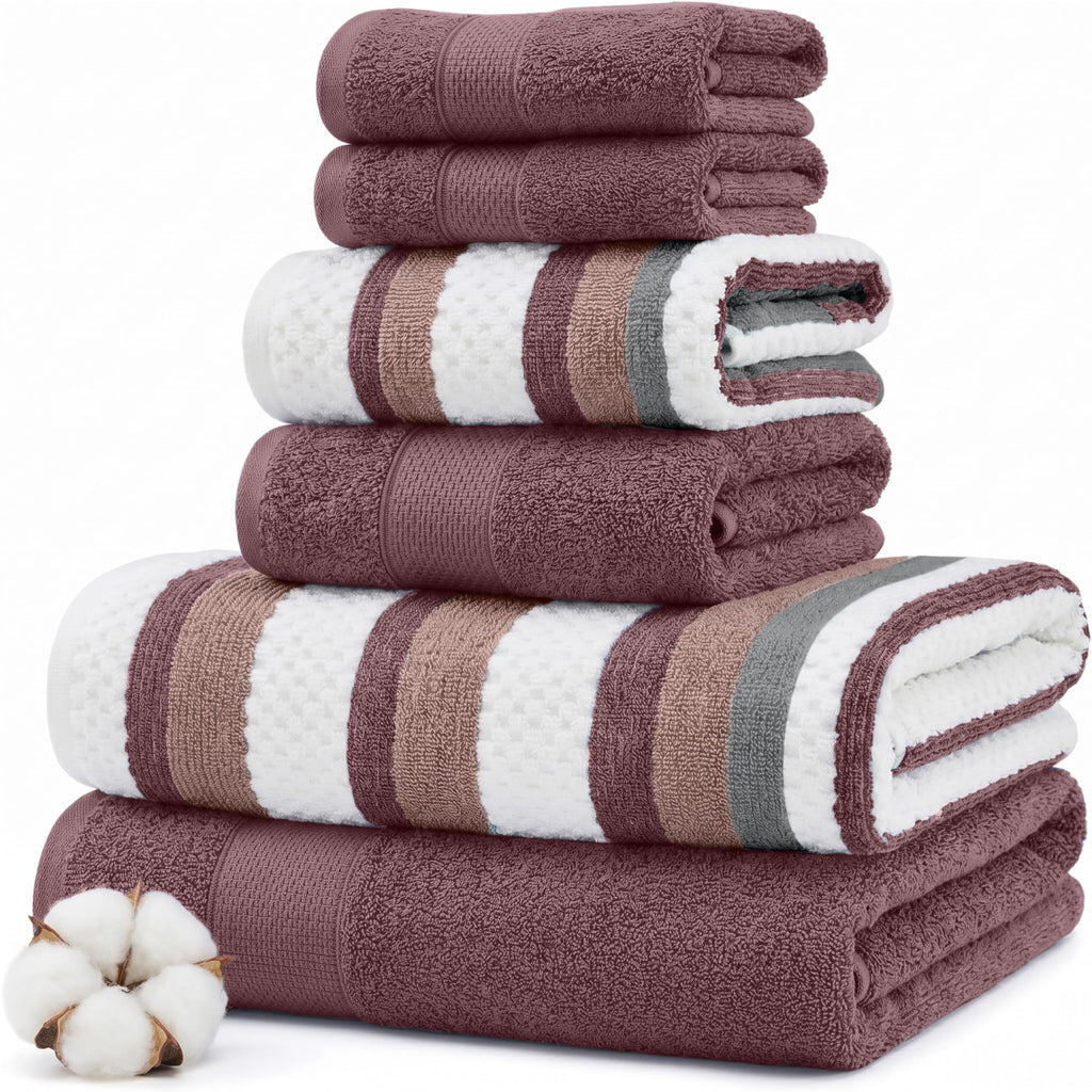 Modern Threads 6 Piece Bath Towel Set – Bathroom Towel Set with 2 Bath Towels, 2 Hand Towels & 2 Washcloths – 100% Cotton, Soft & Absorbent – Classic Border Stripe (Green)