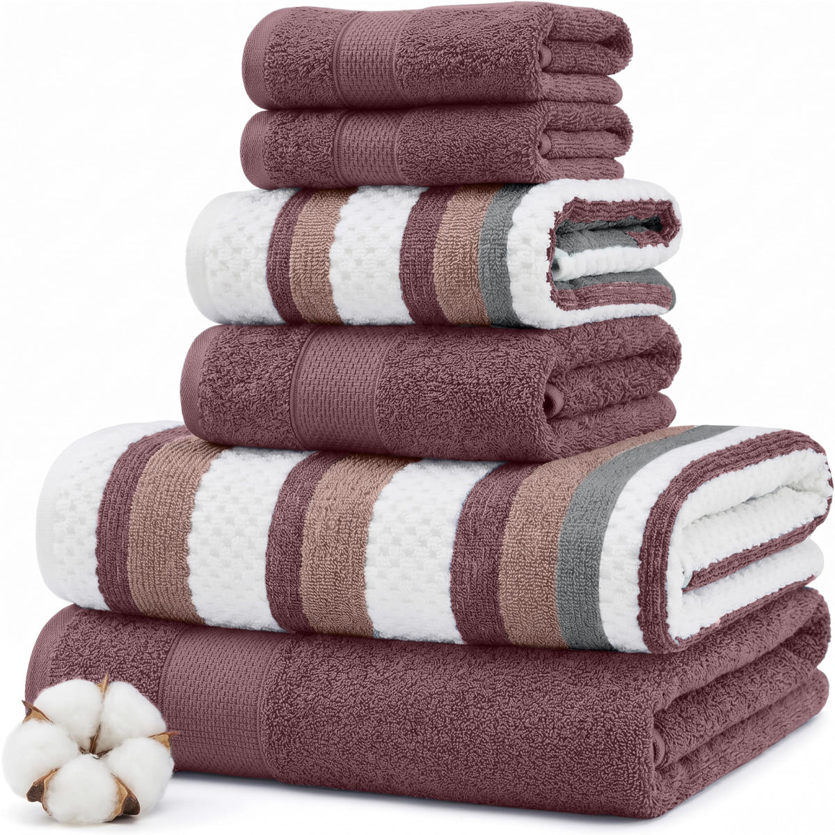 Modern Threads 6 Piece Bath Towel Set – Bathroom Towel Set with 2 Bath Towels, 2 Hand Towels & 2 Washcloths – 100% Cotton, Soft & Absorbent – Classic Border Stripe (Green)
