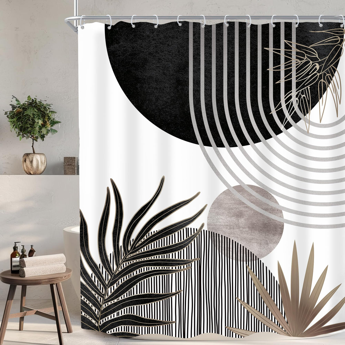 Mid Century Green Orange Boho Abstract Modern Bathroom Shower Curtain Set