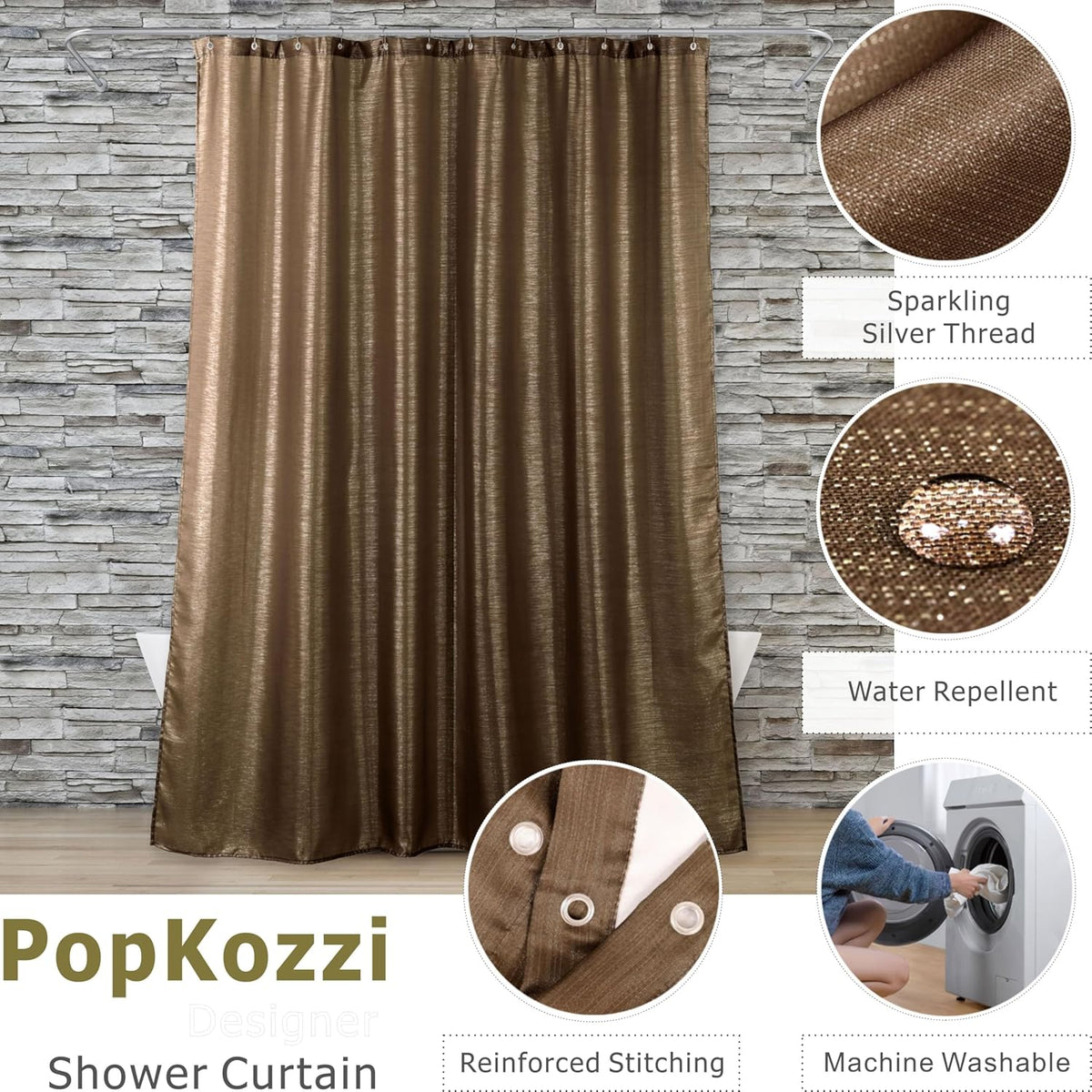 Brown Silver Glitter Shower Curtain: Waterproof Washable Quick Dry 72Lx72W