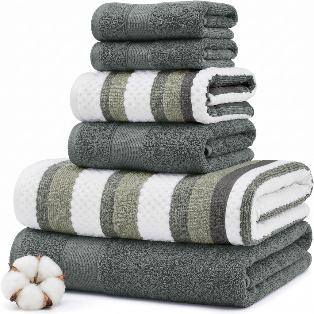 Modern Threads 6 Piece Bath Towel Set – Bathroom Towel Set with 2 Bath Towels, 2 Hand Towels & 2 Washcloths – 100% Cotton, Soft & Absorbent – Classic Border Stripe (Green)